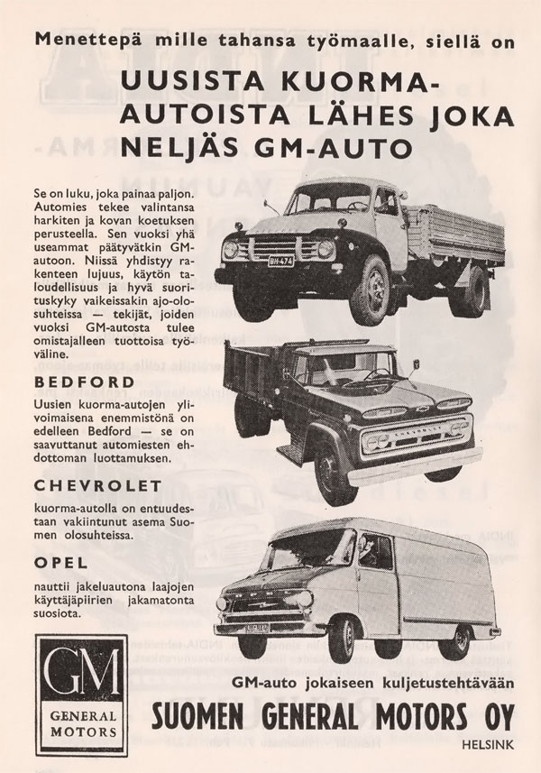Vanhoja mainoksia, Bedford, Chevrolet ja Opel.