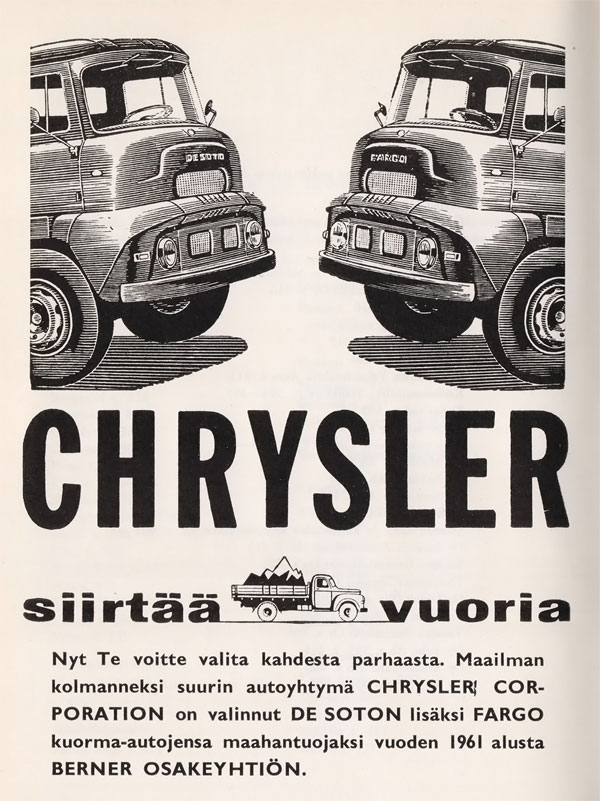 Vanhoja mainoksia, Fargo ja Desoto.