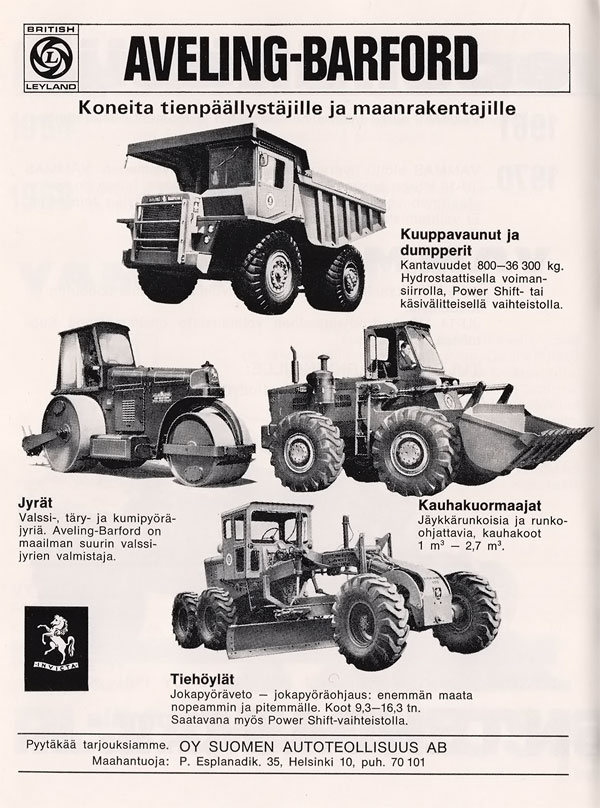 Aveling-Barfordin maahantuoja ei ollut enää 1971 Ekströmin Koneliike vaan Suomen Autoteolisuus.