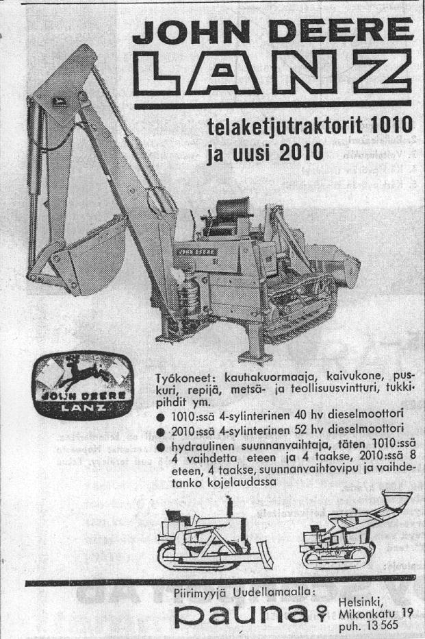 JD 1010C telatraktori ja model 51 kaivuri vuoden 1963 Koneviestissä olleessa mainoksessa.